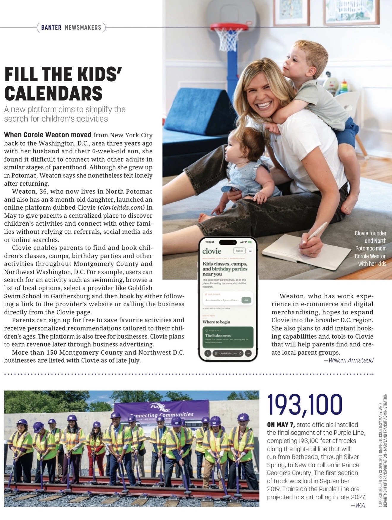 Bethesda Magazine article page titled Fill the Kids' Calendars, featuring Clovie founder Carole Weaton